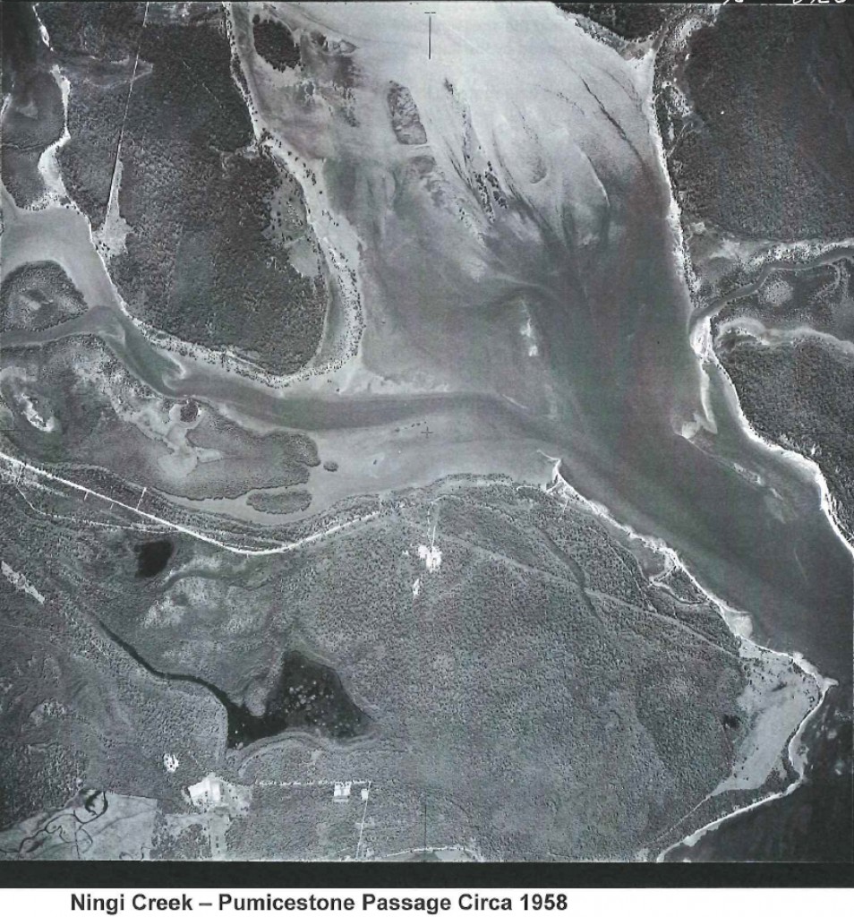 Aerial photo of Ningi Creek and Pumicestone Passage in 1958. Note the absence of urban development.
